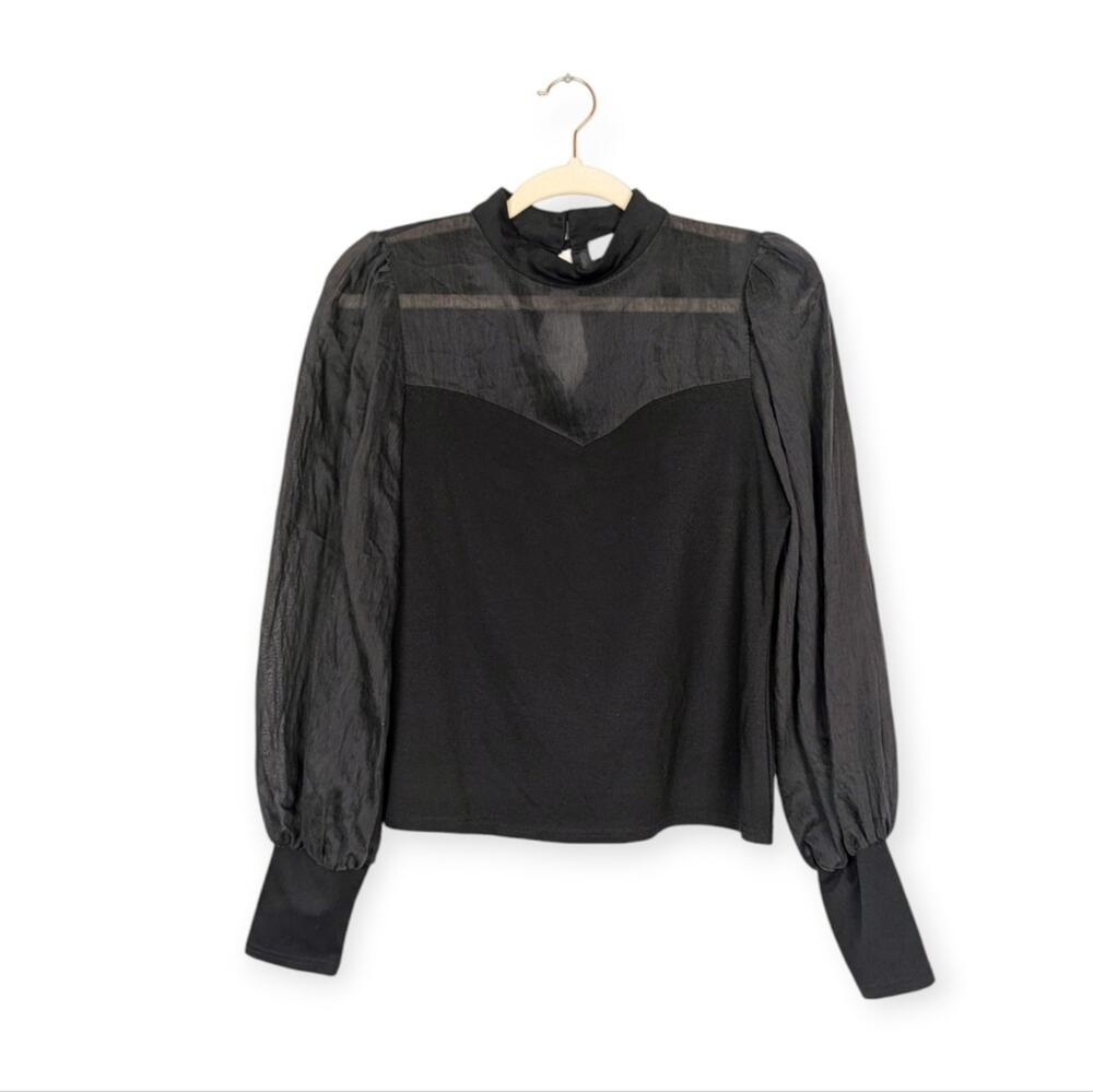Anthropologie Flat White Black Semi Sheer Bishop Puff Sleeve Blouse Size S